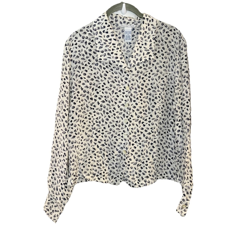 Anna and Frank Silk Button Down Shirt Navy Blue White Seashell Shell Print Sz M